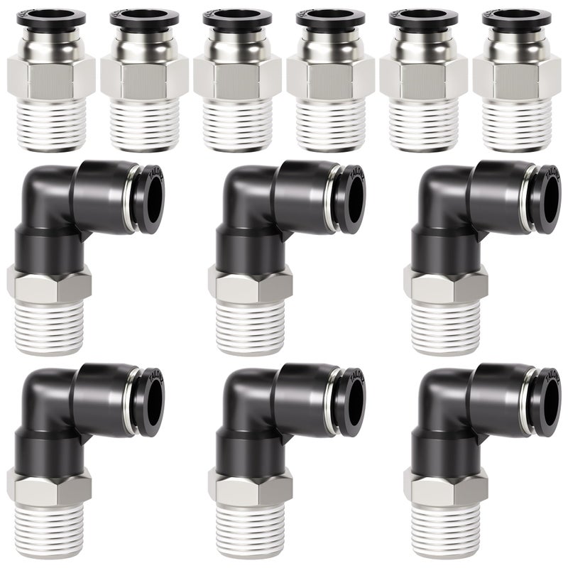 TAILONZ PNEUMATIC Elbow and Straight Combination 1/4 Inch Tube OD x 1/8 Inch NPT Thread Push to Connect Fittings PC-1/4-N1+PL-1/4-N1(Pack of 12) - Image 1